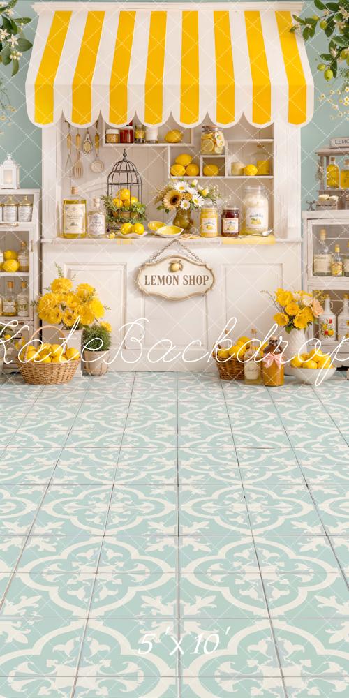 Kate Summer Lemon Shop Yellow Striped Awning Floral Floor Printed Backdrop Printed Backdrop Designed by Emetselch