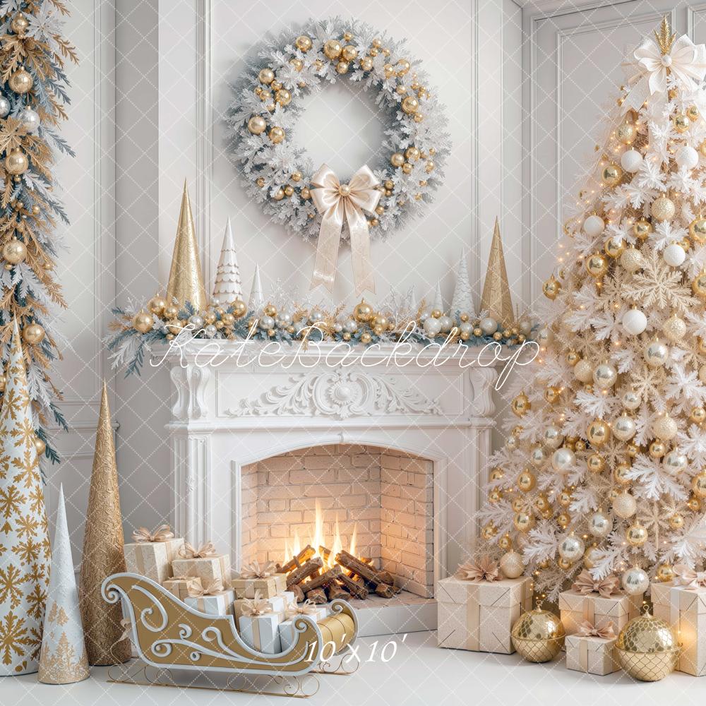 Kate Christmas White Tree Gold Decorations Fireplace Presents Sleigh Printed Backdrop Designed by Mini MakeBelieve