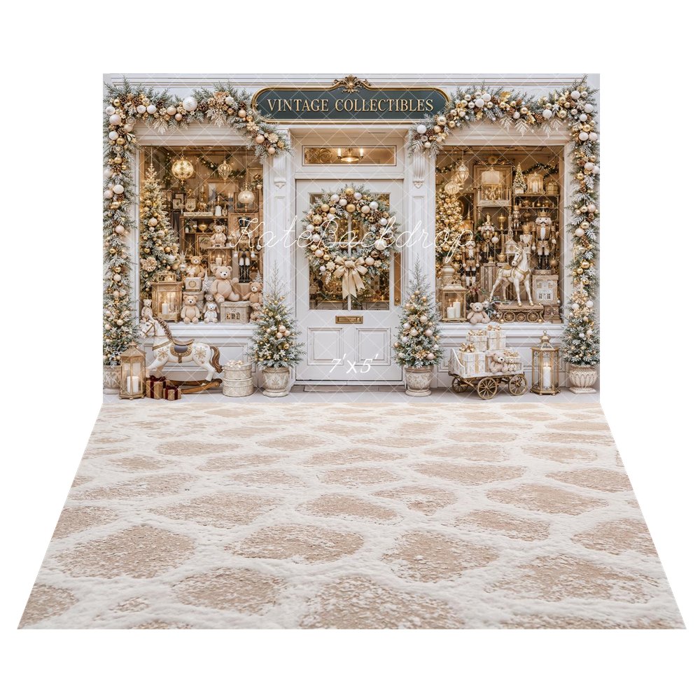 Kate Christmas Vintage Collectibles Nutcracker Storefront Printed Backdrop+Beige Cobblestone Snowy Floor Printed Backdrop