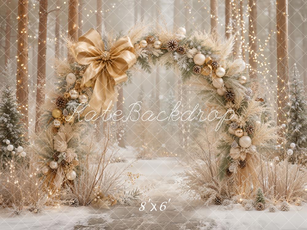 Kate Christmas Flower Arch Gold Bow Ornaments Snowy Forest Printed Backdrop Designed by Emetselch