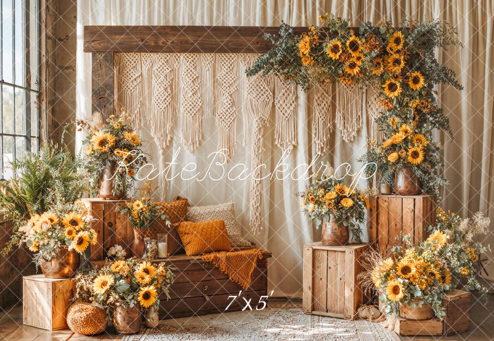 Kate Summer Boho Sunflower Flower Arch Wooden Crates Macrame Printed Backdrop Designed by Emetselch