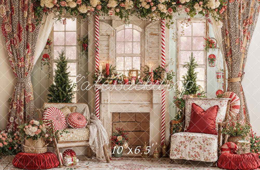 Kate Valentines Floral Fireplace Candy Cane Windows Leopard Backdrop Designed by Emetselch