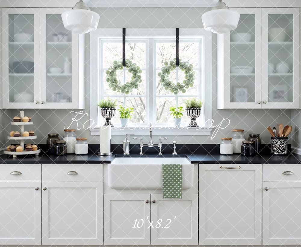 Kate Spring White Kitchen Cabinets Black Countertop Window Wreaths Backdrop Designed by Mini MakeBelieve