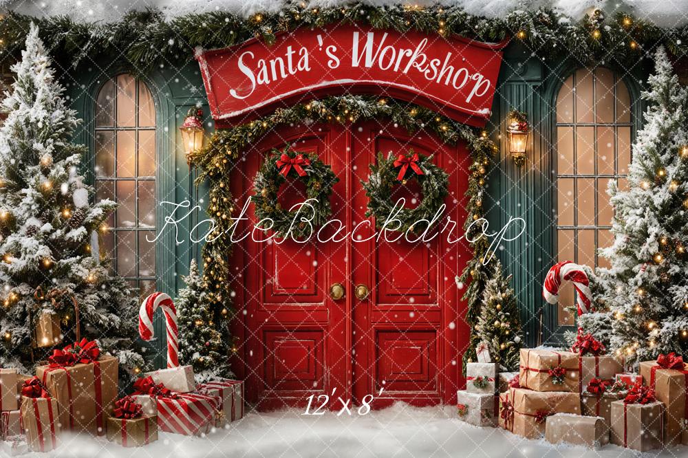 Kate Christmas Santa's Workshop Red Door Snow Backdrop Designed by Emetselch