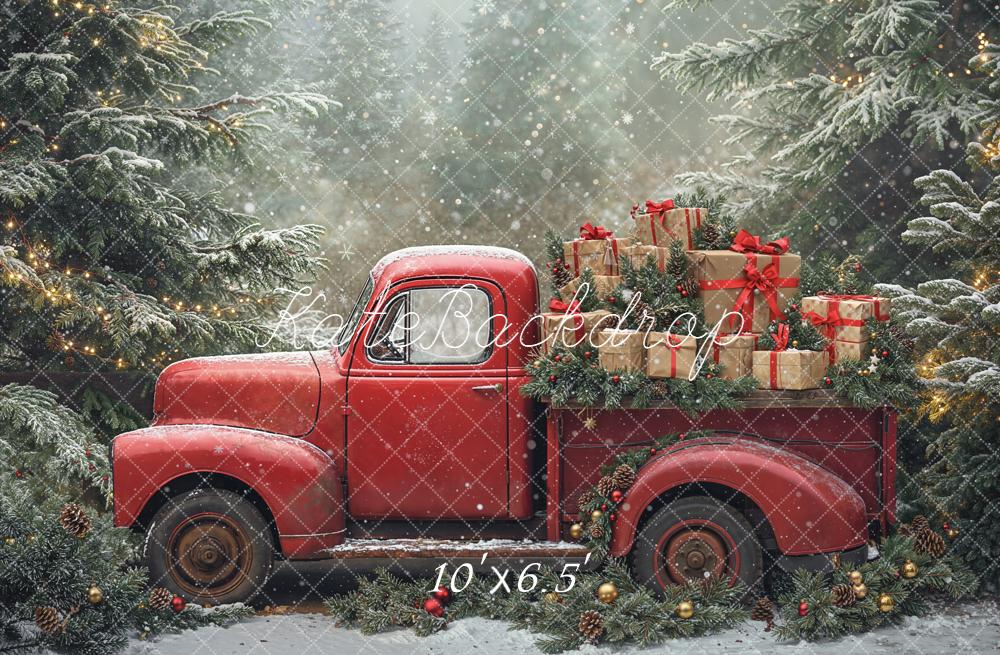 Kate Christmas Red Truck Gifts Pine Trees Snowy Backdrop Designed by Emetselch