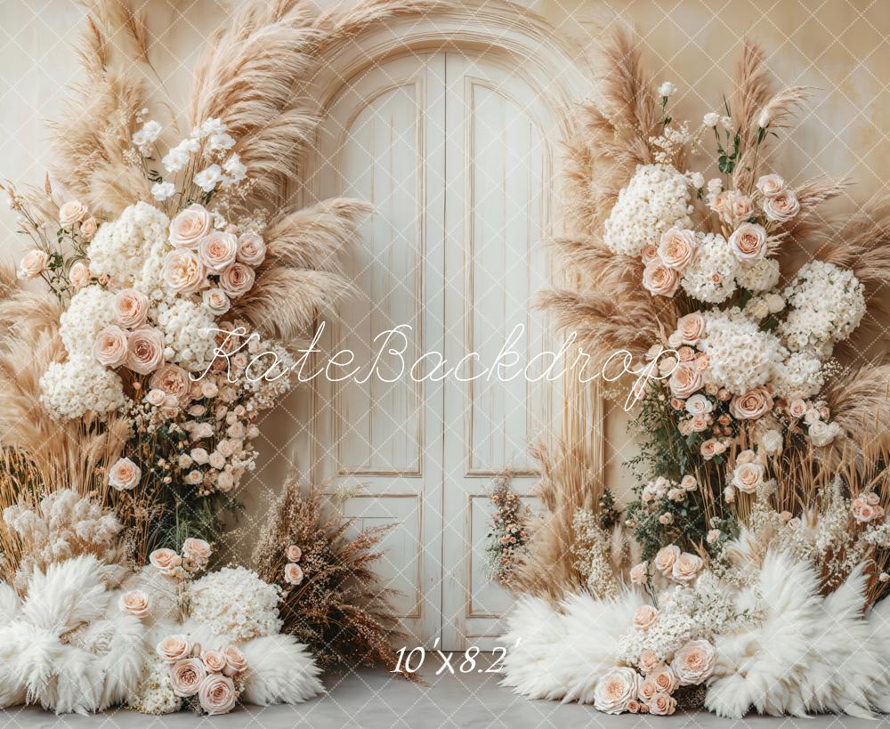 Backdrop per matrimonio Boho floreale con pampas progettato da Emetselch