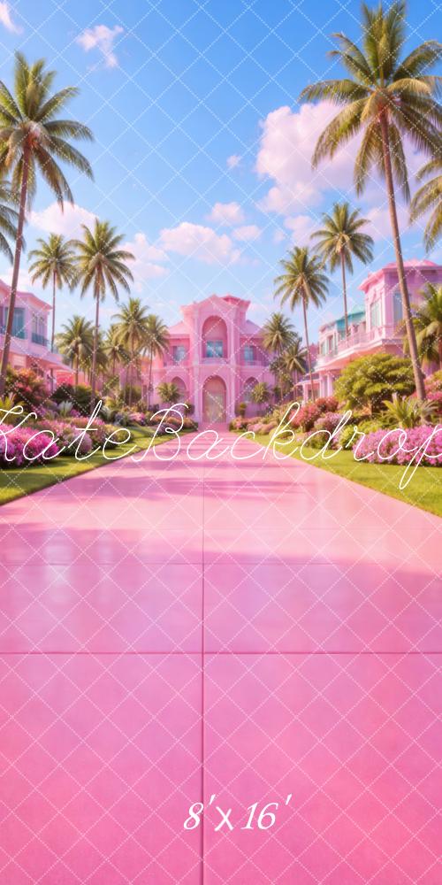 Kate Sweep Summer Pink Mansion Palm Trees Pathway Printed Backdrop Designed by Vertigo Productions