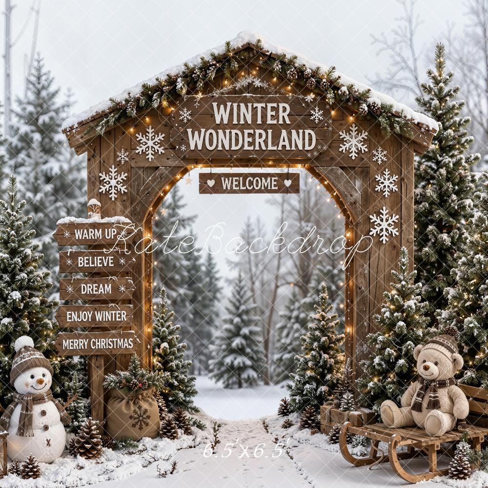 Kate Christmas Winter Wonderland Wood Arch Snowy Pines Snowman Printed Backdrop Designed by Emetselch