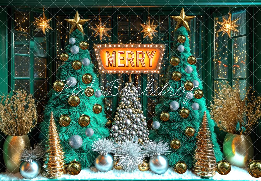 Kate Christmas Trees Gold Ornaments Window Lights Green Backdrop Designed by Mini MakeBelieve