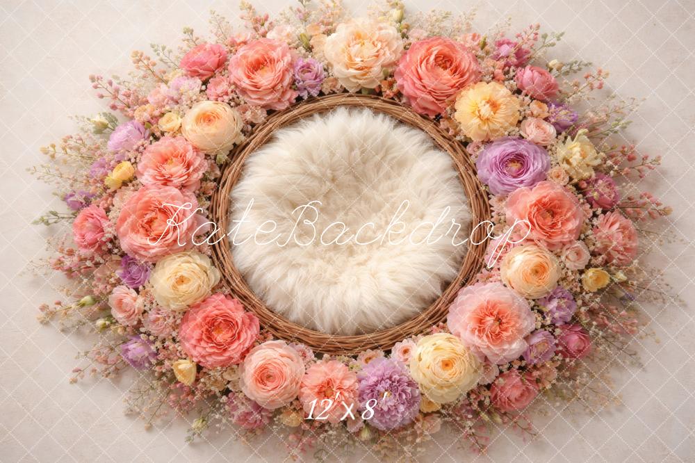 Kate Newborn Pastel Flower Arch Wicker Nest Printed Backdrop Designed by Vertigo Productions