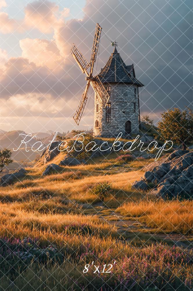 Kate Windmill Stone Sunrise Meadow Printed Backdrop Designed by Chain Photography
