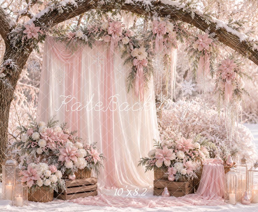 Kate Winter Pink Flower Branch Arch Snowy Outdoor Printed Backdrop Designed by Ashley Paul