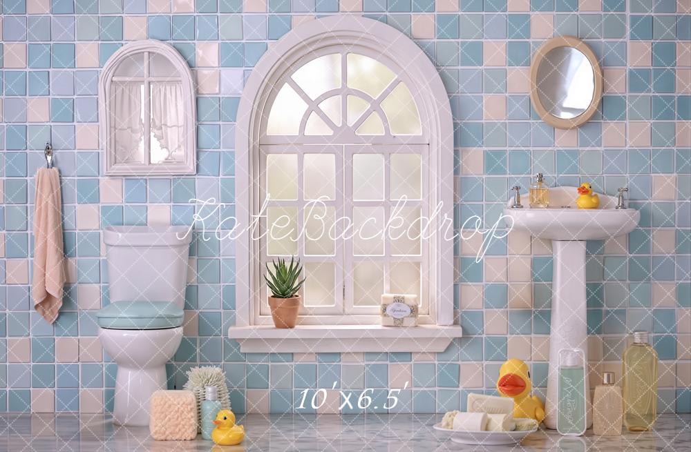 Kate Summer Blue Bathroom Tile Window Sink Toilet Rubber Duck Printed Backdrop Designed by Emetselch