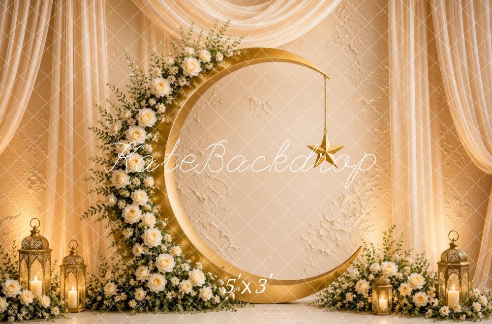 Kate Ramadan Muslim Gold Crescent Floral Arch Drapes Lanterns Printed Backdrop Designed by Ashley Ward