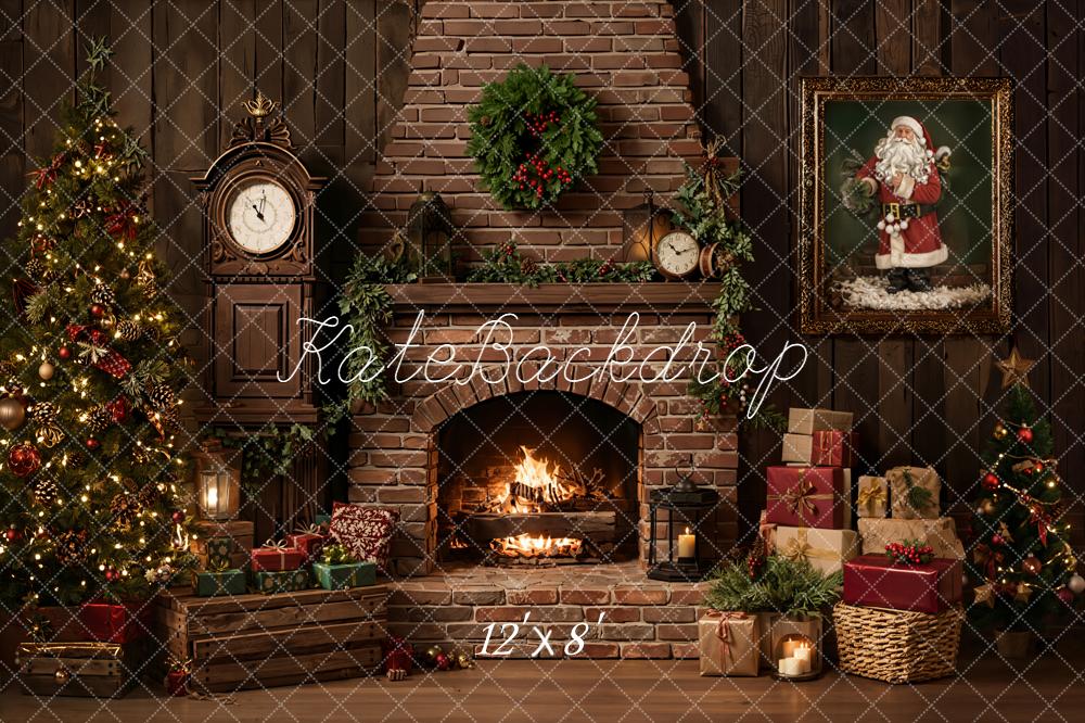 Kate Christmas Fireplace Tree Gifts Brick Wall Santa Printed Backdrop Designed by Emetselch