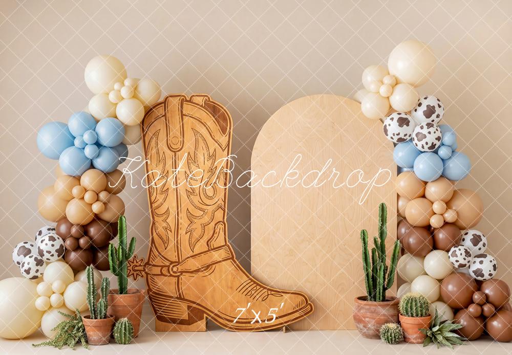 Kate Cake Smash Western Cowboy Boot Cactus Balloon Arch Printed Backdrop Designed by Patty Roberts