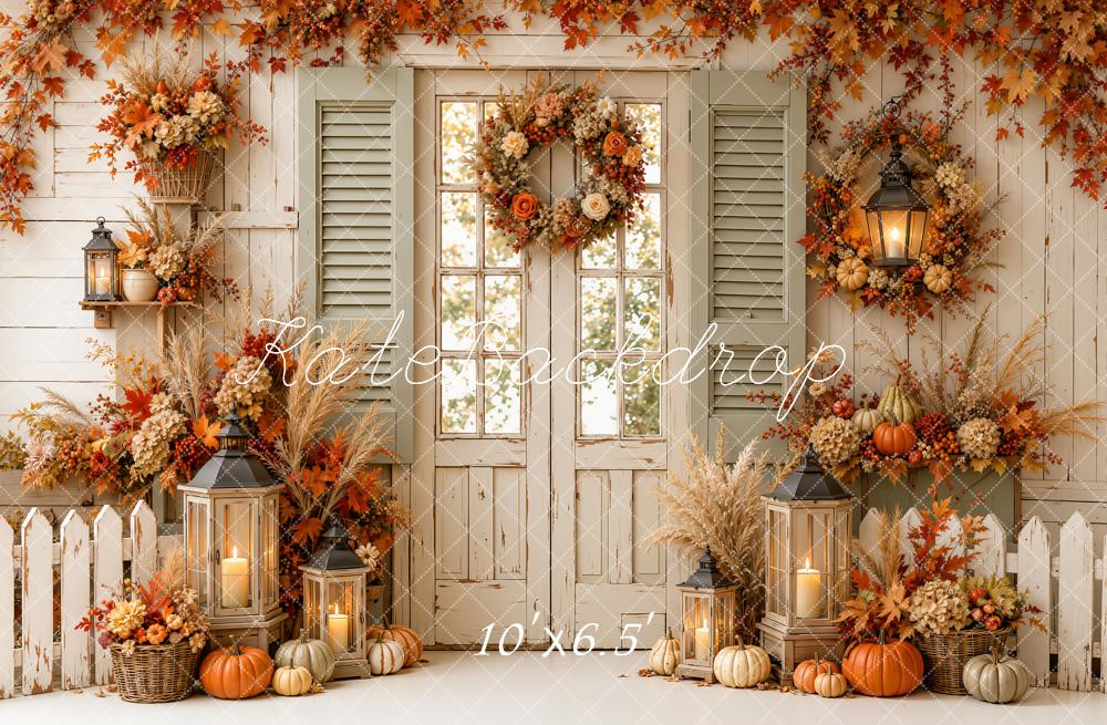 Kate Fall Floral Door Garland Pumpkins Window Shutters Lanterns Fence Printed Backdrop Designed by Emetselch