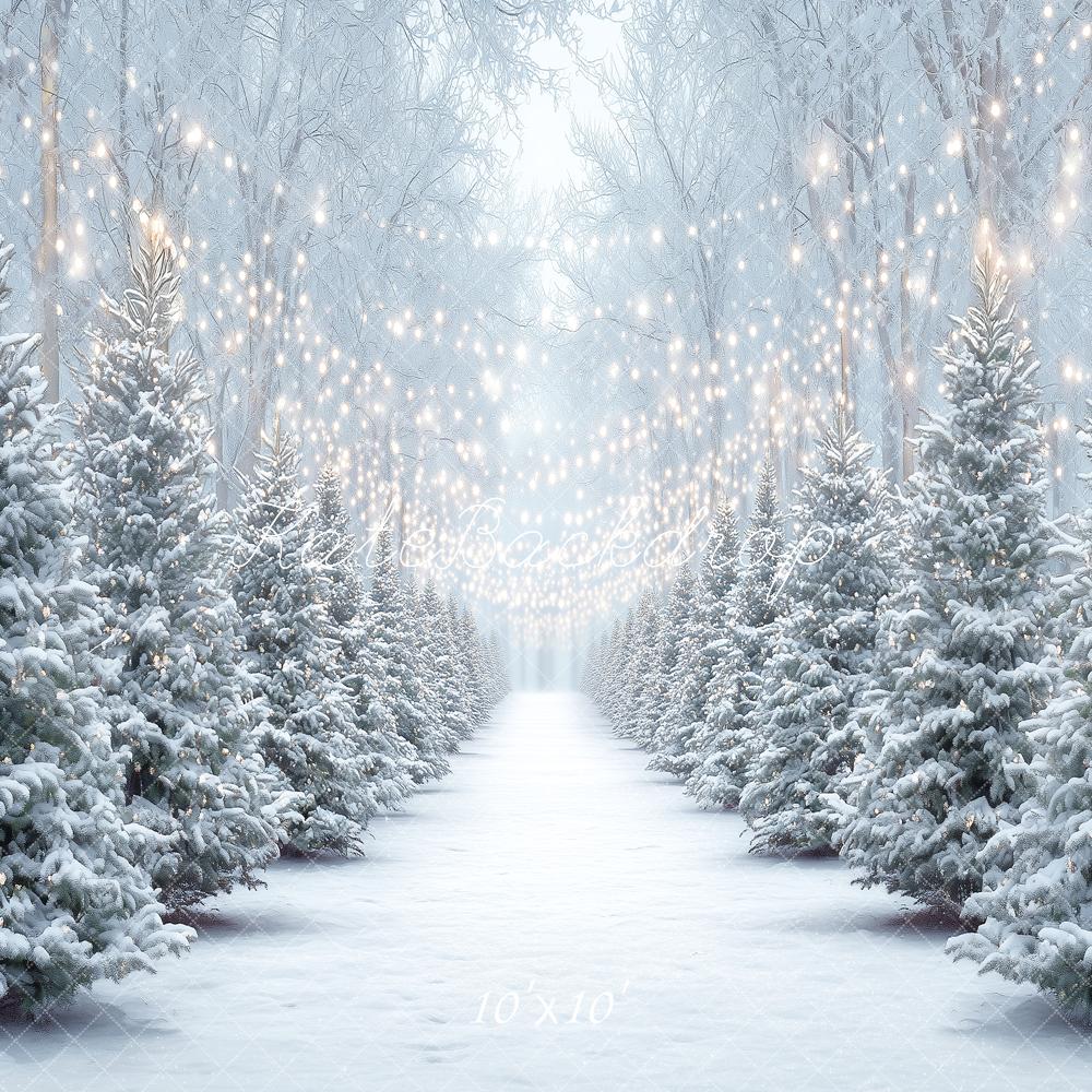 Kate Christmas Snowy Pine Trees String Lights Forest Printed Backdrop Designed by Angela Miller