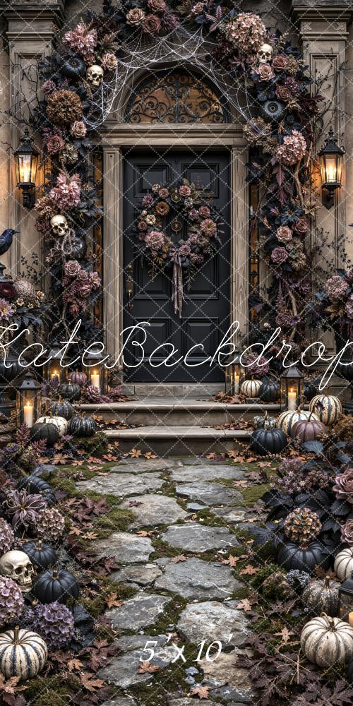 Kate Sweep Halloween Gothic Vintage Black Doorway Flower Arch Ravens Printed Backdrop Designed by Emetselch