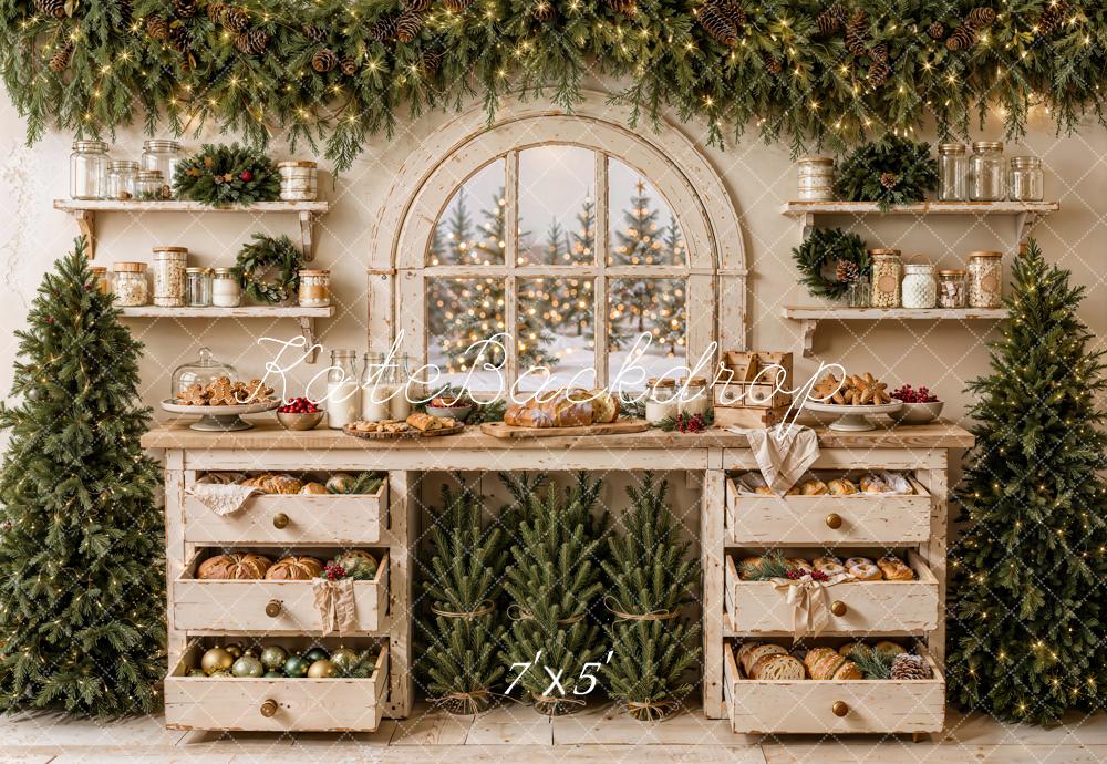 Kate Christmas Rustic Kitchen Bakery Garland Arched Window Printed Backdrop Designed by Emetselch