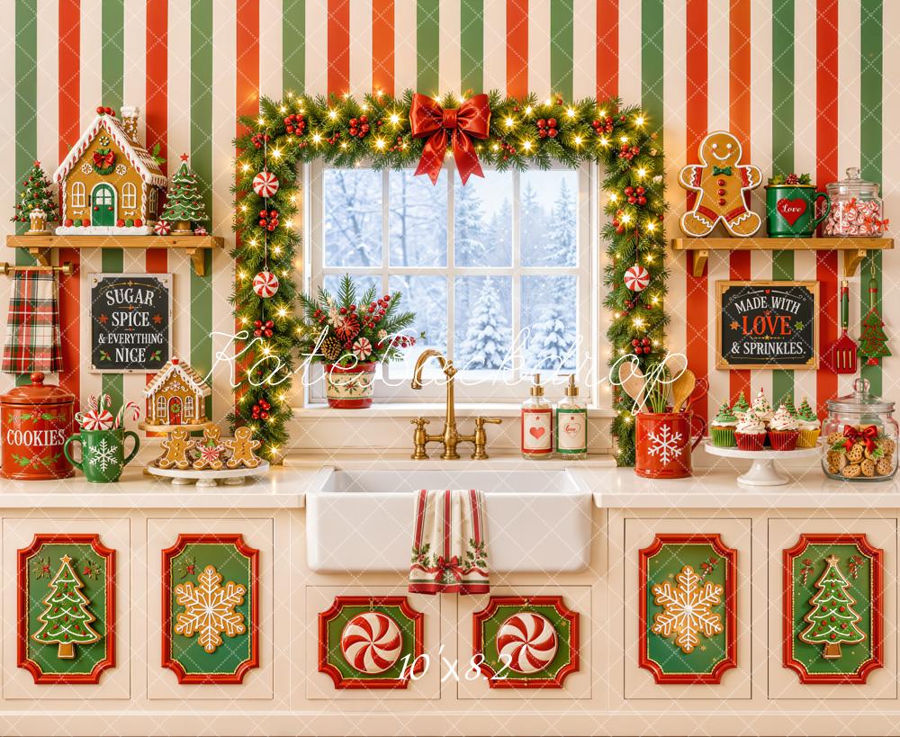 Kate Christmas Kitchen Gingerbread Cookies Garland Striped Wall Printed Backdrop Designed by Emetselch