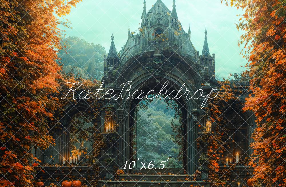 Fondo de hojas de arce del castillo gótico de Halloween diseñado por Emetselch