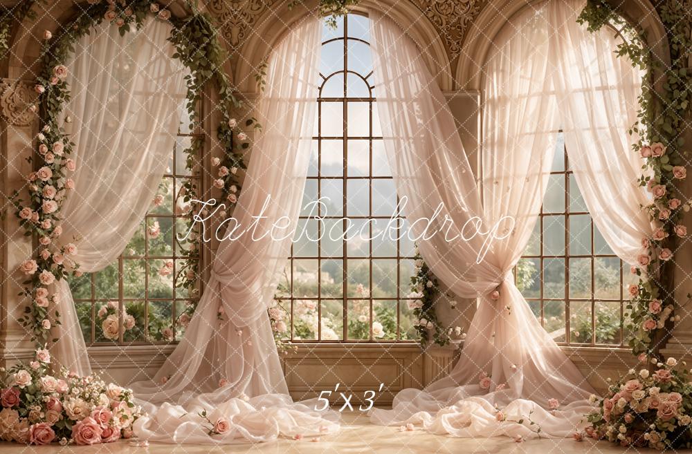 Kate Prom Pink Flower Arch Large Window Draped Curtains Printed Backdrop Designed by Emetselch