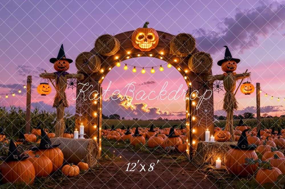 Kate Halloween Pumpkin Patch Arch Scarecrow Sunset Backdrop Designed by Emetselch