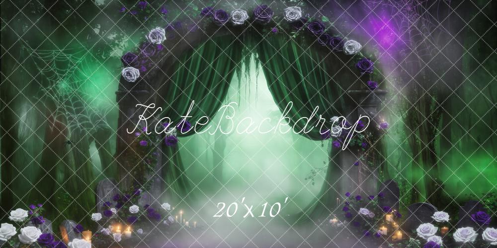 Kate Halloween Gothic Misty Forest Arch Green Curtains Spiderweb Backdrop Designed by Emetselch