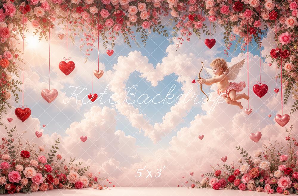Kate Valentine's Day Cupid Roses Hearts Clouds Printed Backdrop Designed by Shutter Swan Studios