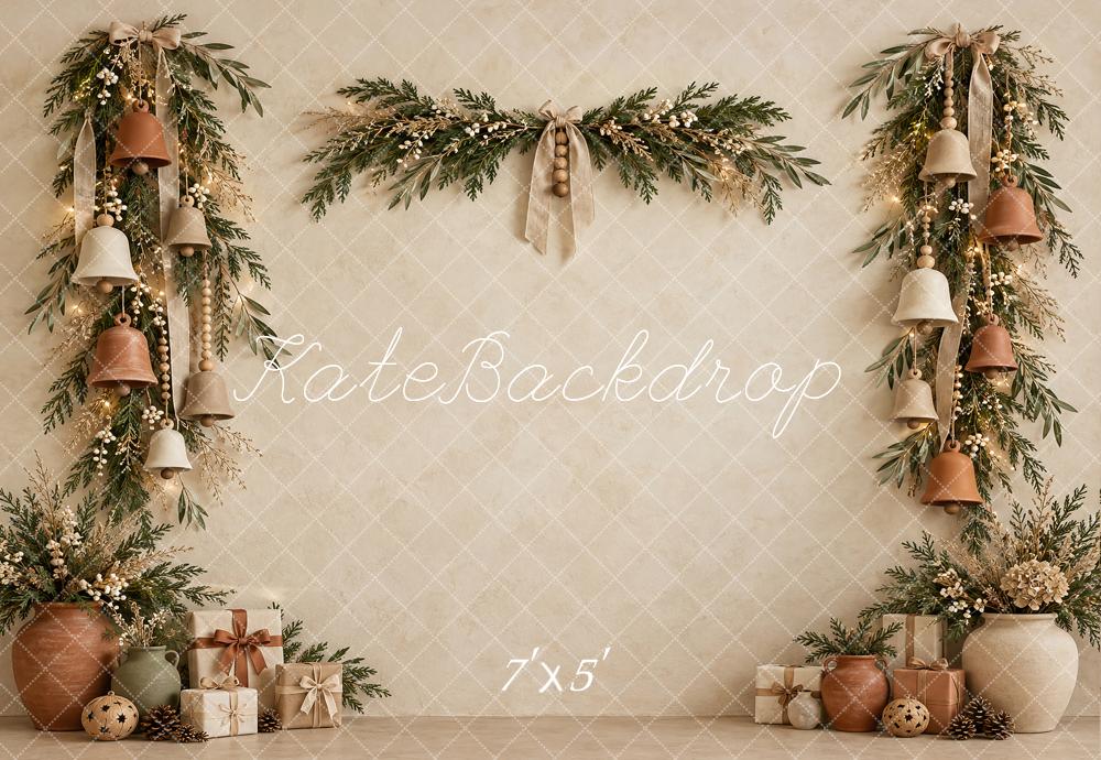 Kate Christmas Boho Bells Greenery Neutral Gifts Printed Backdrop Designed by Vertigo Productions
