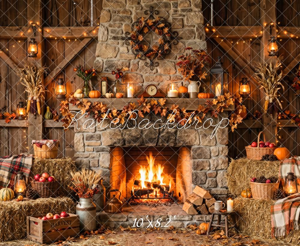 Kate Fall Rustic Stone Fireplace Harvest Wreath Printed Backdrop Designed by Patty Roberts