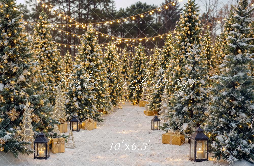 Kate Christmas Snowy Pine Tree Forest String Lights Printed Backdrop Designed by Mini MakeBelieve