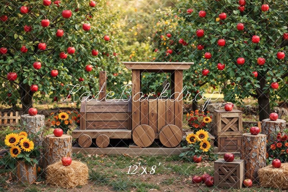 Kate Fall Wooden Train Apple Orchard Sunflowers Printed Backdrop Designed by Mini MakeBelieve