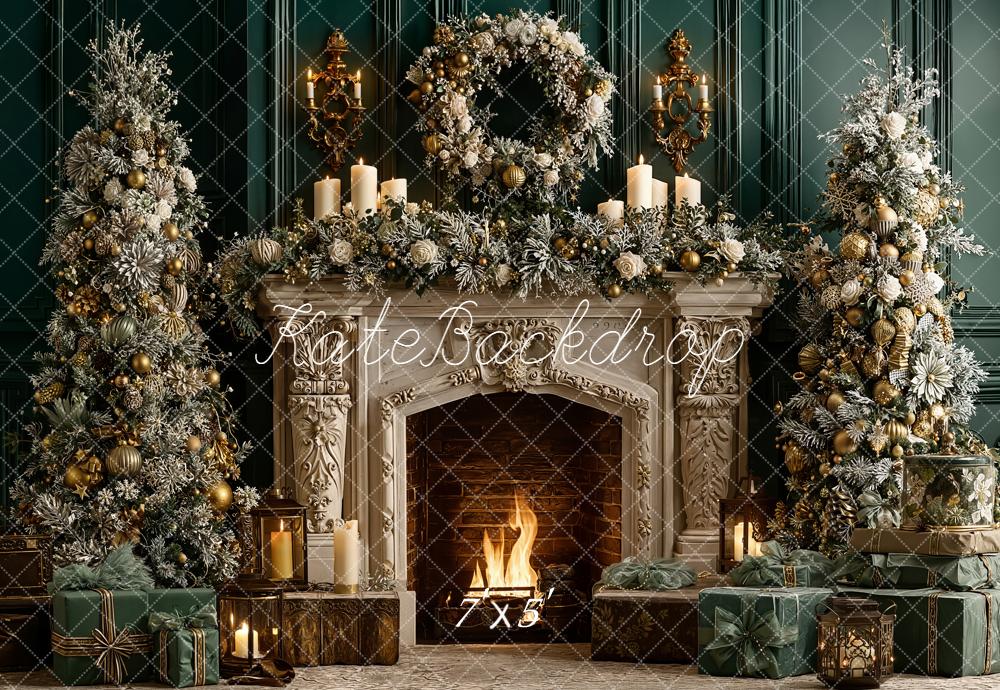 Kate Christmas Fireplace Vintage Wreath Trees Gifts Green Backdrop Designed by Emetselch