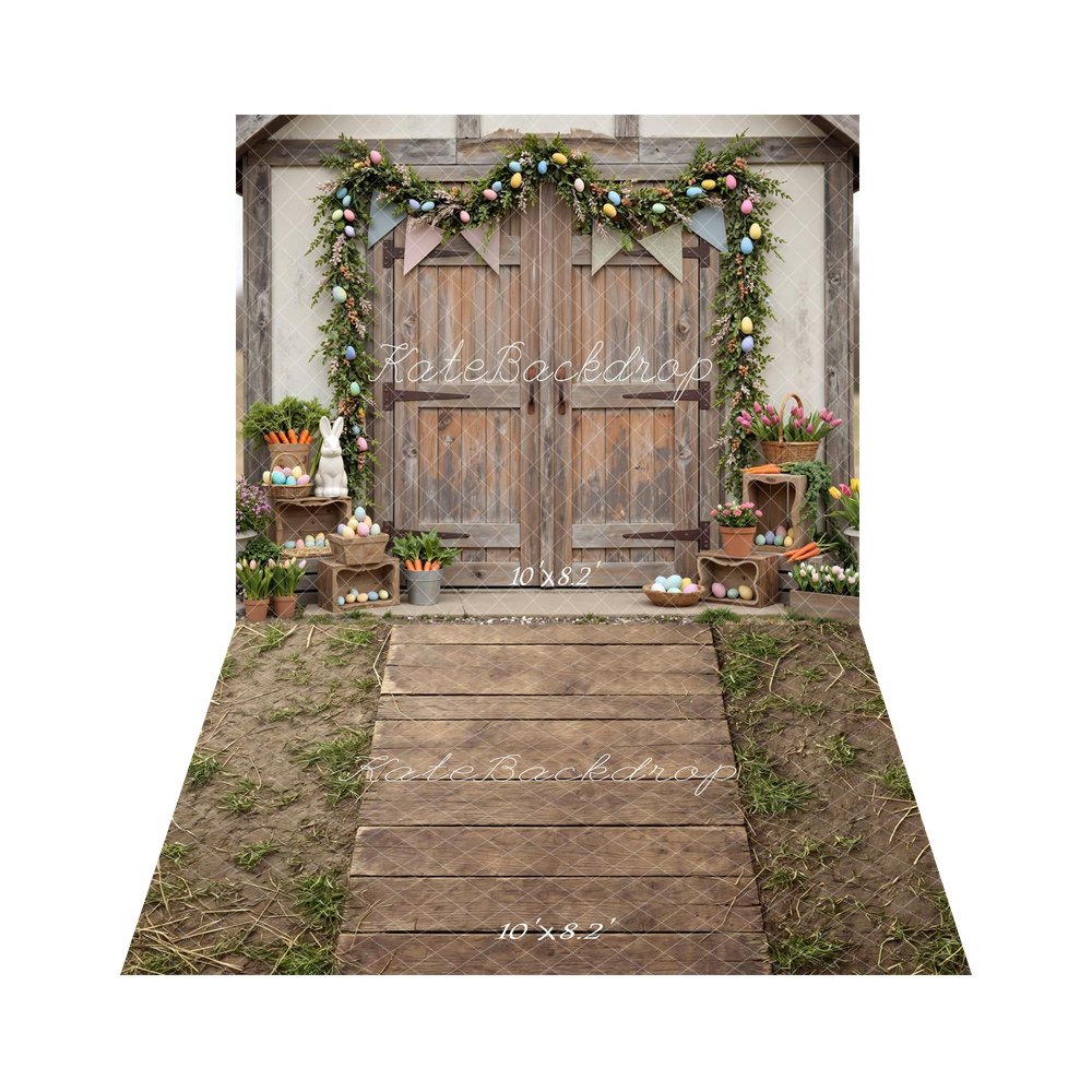 Kate Easter Bunny Eggs Rustic Barn Flowers Backdrop+Wooden Pathway with Dirt and Grass Floor Backdrop