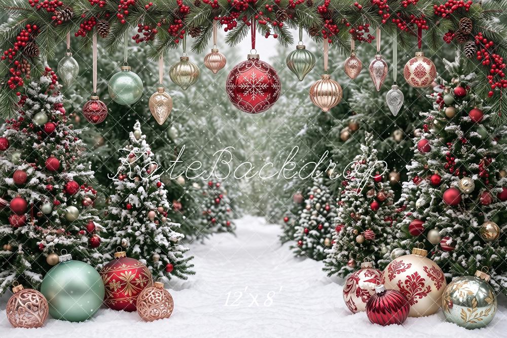 Kate Christmas Snowy Trees Ornament Garland Winter wonderland Printed Backdrop Designed by Angela Miller