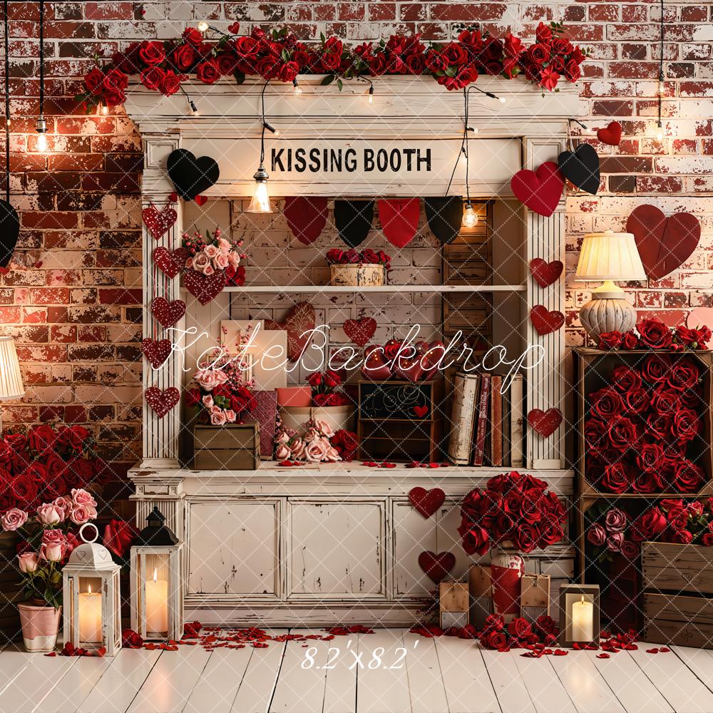 Kate Valentine's Day Kissing Booth Red Roses Brick Wall Backdrop Designed by Emetselch