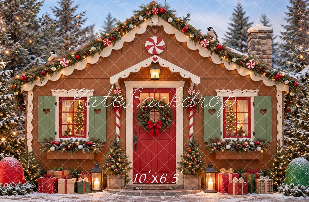 Kate Christmas Gingerbread Cottage Candy Cane Snowy Forest Printed Backdrop Designed by Vertigo Productions