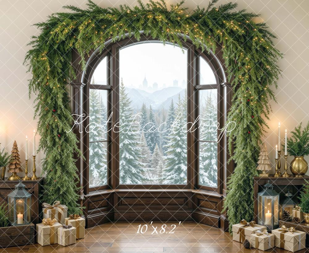 Kate Christmas Evergreen Garland Window Gifts Brown Printed Backdrop Designed by Mini MakeBelieve