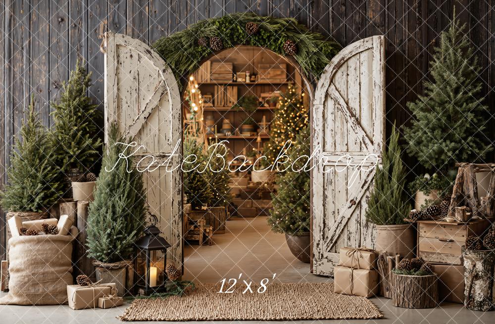 Kate Christmas Rustic Wood Barn Door Archway Pine Trees Printed Backdrop Designed by Emetselch