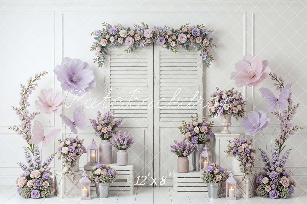 Kate Spring Lavender Flower Arch Shutter Doors Butterflies Lanterns Backdrop Designed by Mini MakeBelieve