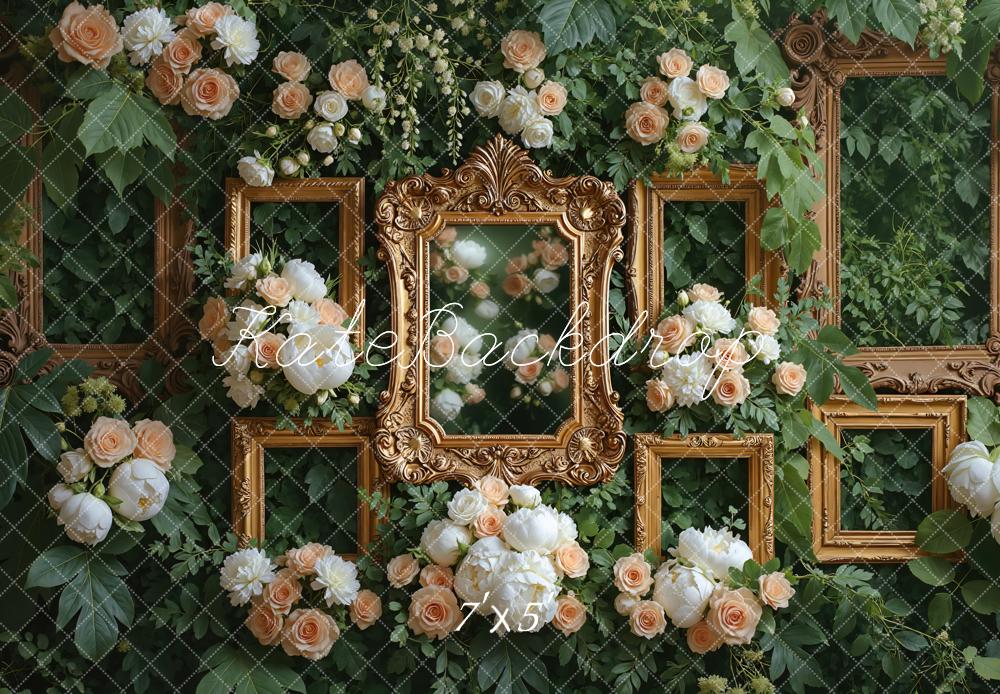Kate Romantic Floral Gold Frames Greenery Backdrop Designed by Mini MakeBelieve