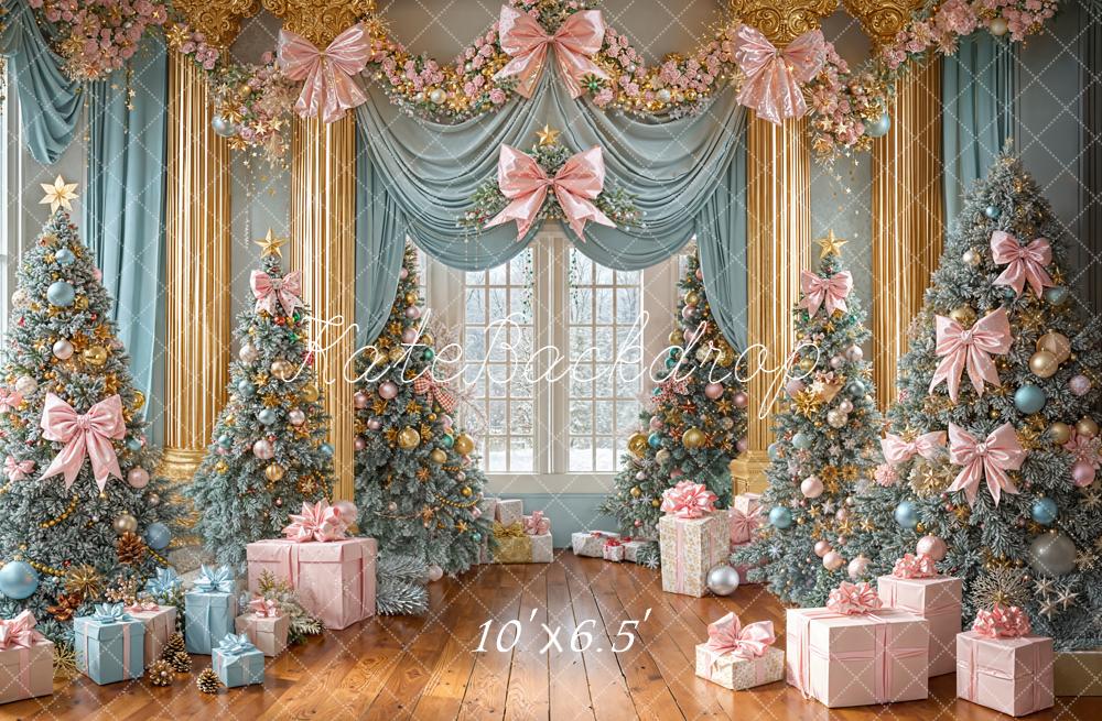 Kate Christmas Trees Pink Bow Blue Gold Presents Garland Backdrop Designed by Emetselch