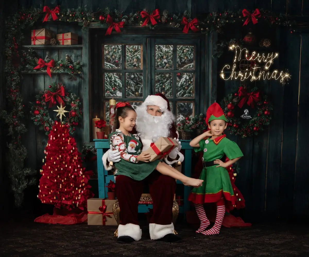 Fondo de Ventana de Madera Verde Envejecida de Navidad Diseñado por Emetselch
