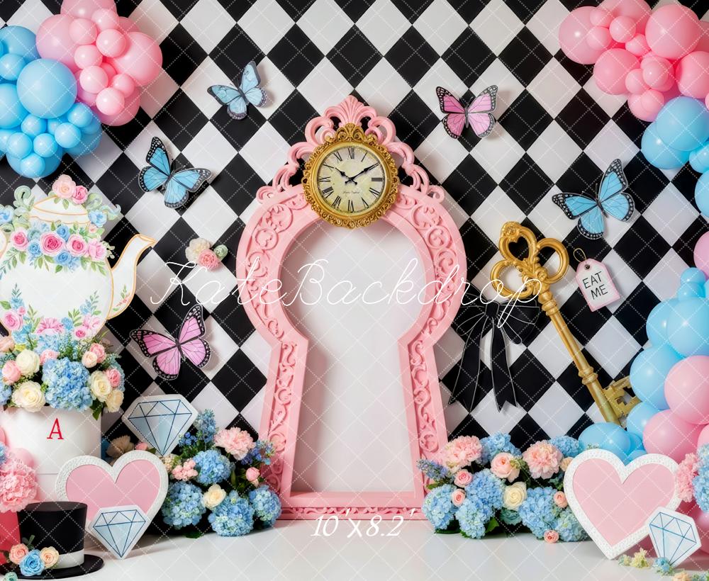 Kate Cake Smash Fantasy Clock Key Teapot Balloons Floral Backdrop Backdrop Designed by Patty Roberts