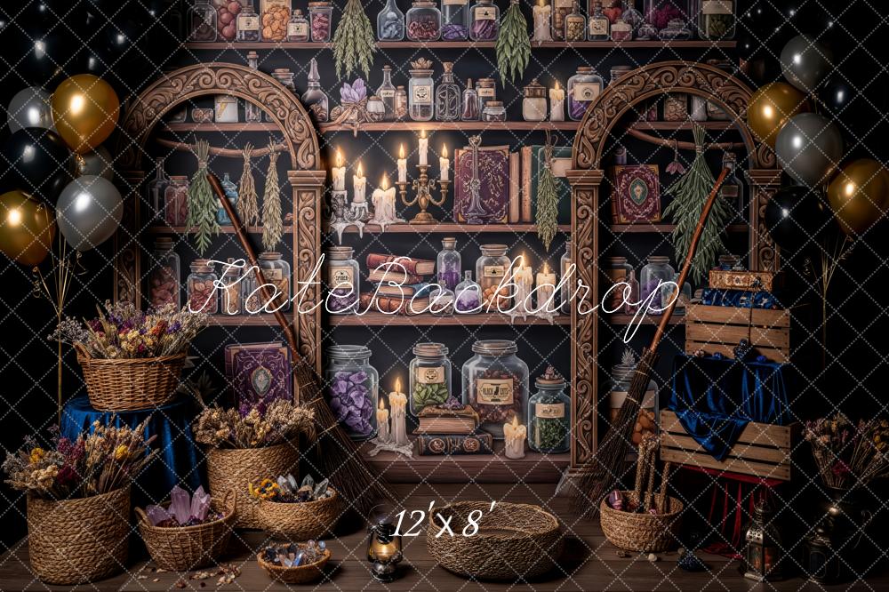 Kate Fantasy Potion Library Shelves Candles Baskets Brooms Backdrop Designed by Patty Roberts