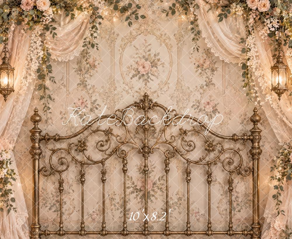 Kate Spring Romantic Brass Headboard Beige Flower Lace Drapes Printed Backdrop Designed by Laura Bybee
