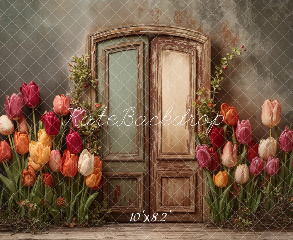 Kate Spring Fine Art Vintage Door Tulips Printed Backdrop Designed by Emetselch