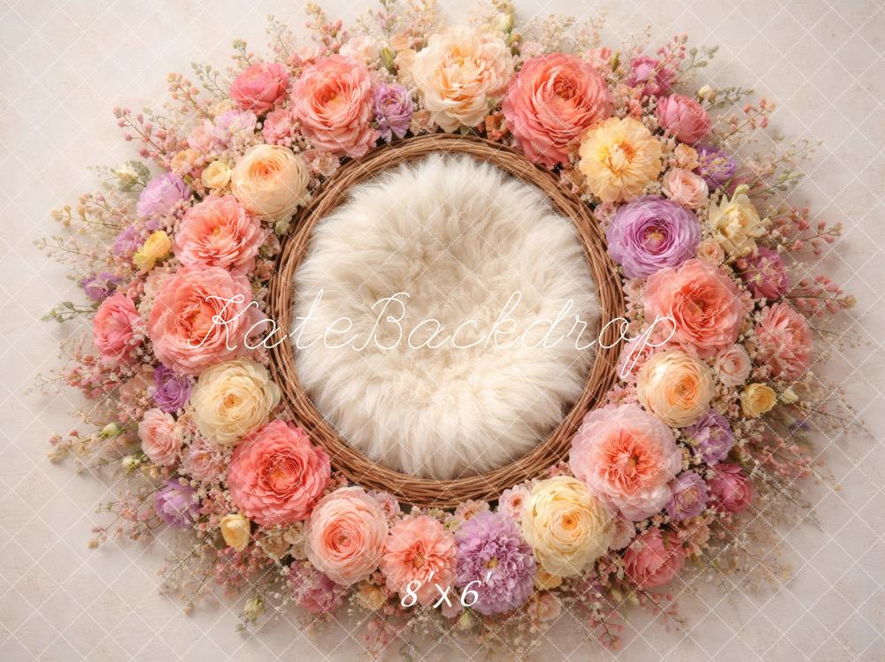 Kate Newborn Pastel Flower Arch Wicker Nest Printed Backdrop Designed by Vertigo Productions